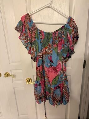Rachel Multicolor Floral Off-Shoulder Top - Pink, Green & Blue. beach / pool